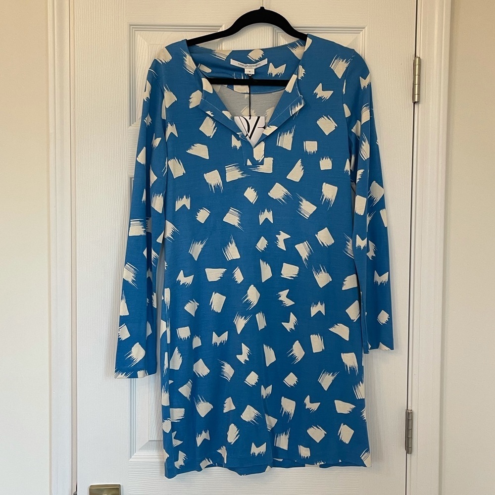 Diane Von Furstenberg Brush Stroke Long Sleeve Reina Dress Size 12 Silk Jersey